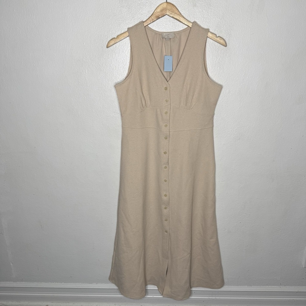 Ann Taylor Loft Beige Button Front Dress Womens Small Petite Textured Sleeveless